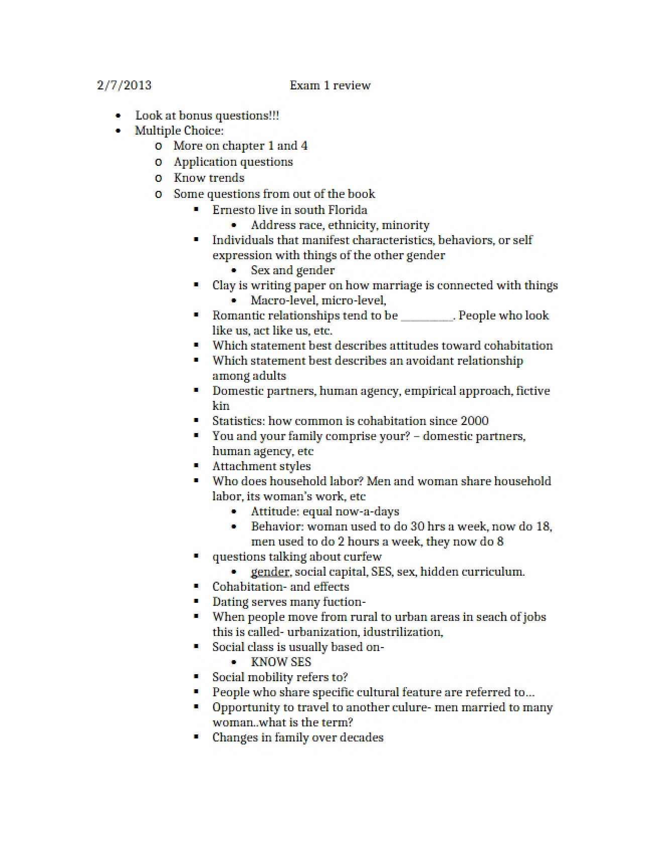 First Exam Comprehensive Review Sheet