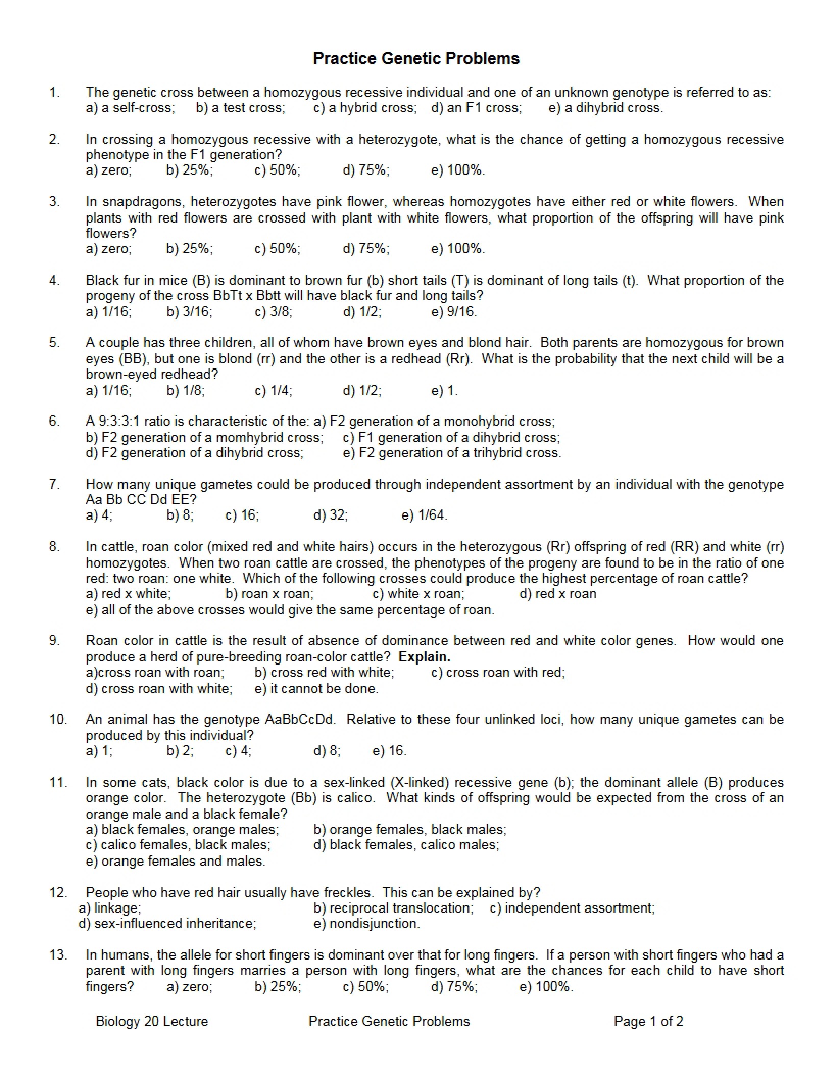 Problems for Genetics Practice