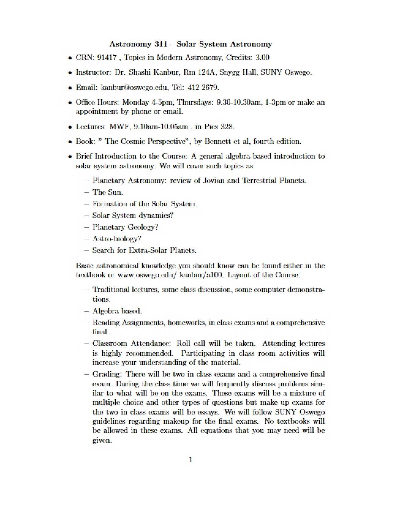 Syllabus for Astronomy 311 Solar System Astronomy