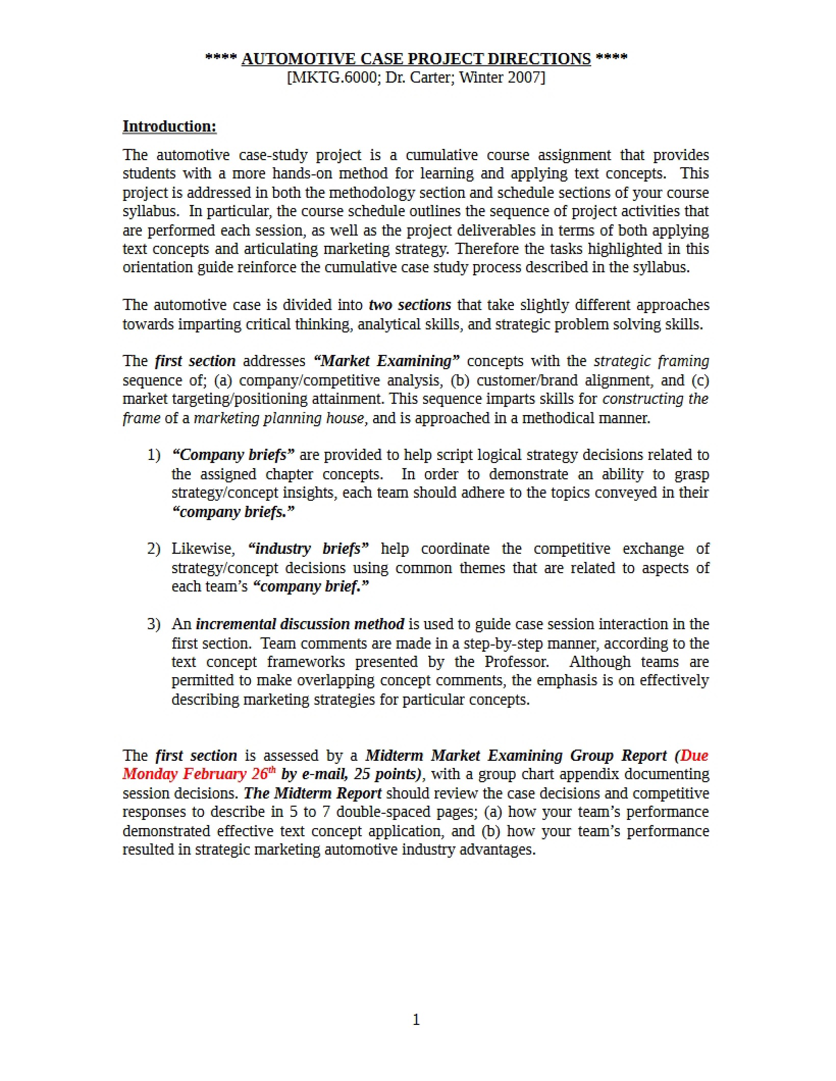 Instructions for MBA Automobile Case Study