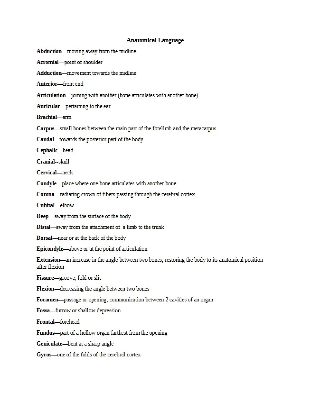List of Anatomical Terms