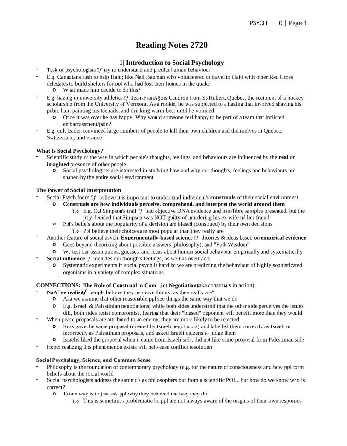 Psych 2720 Reading Notes
