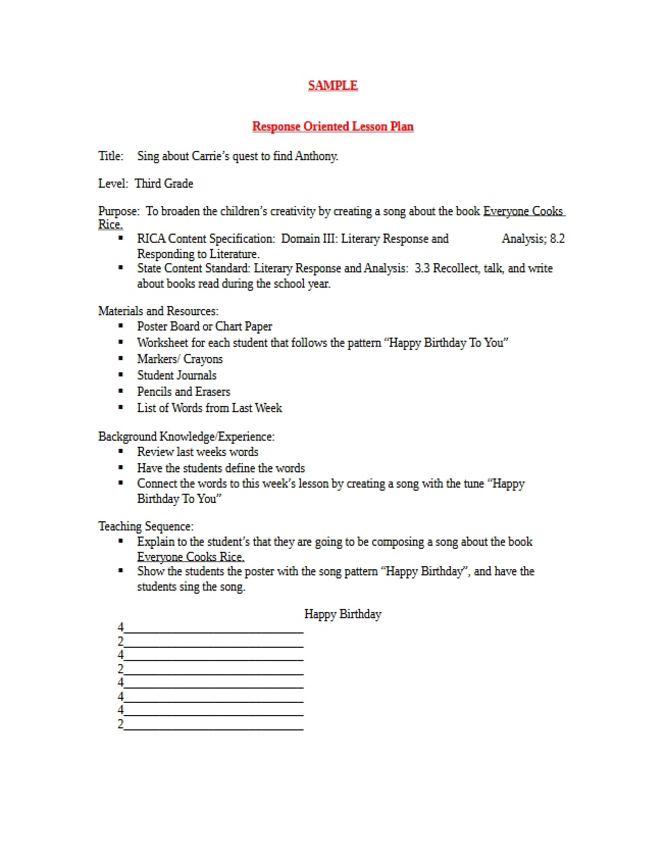 Response Oriented Lesson Plan Example