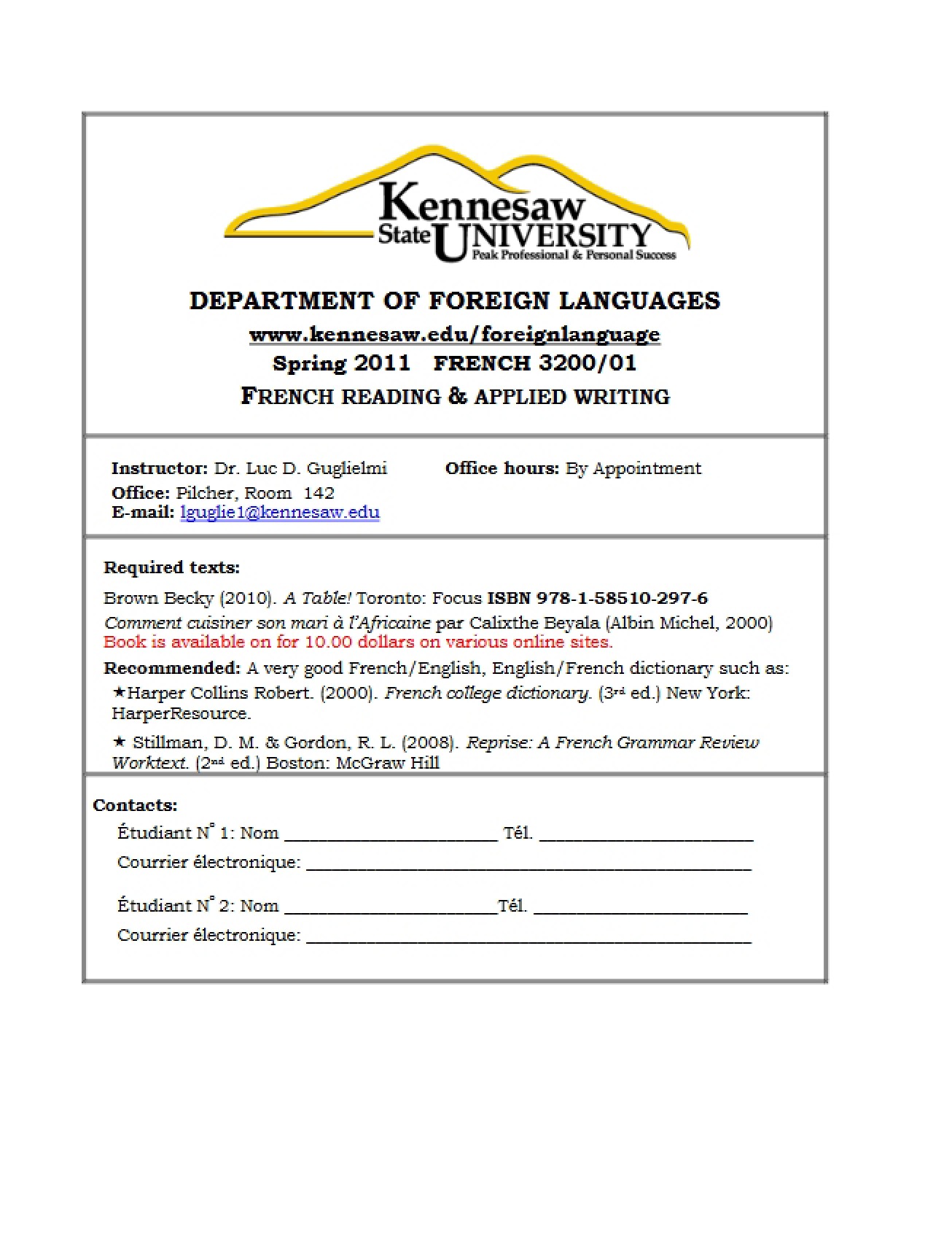 Course Outline for Critical Reading and Applied Writing