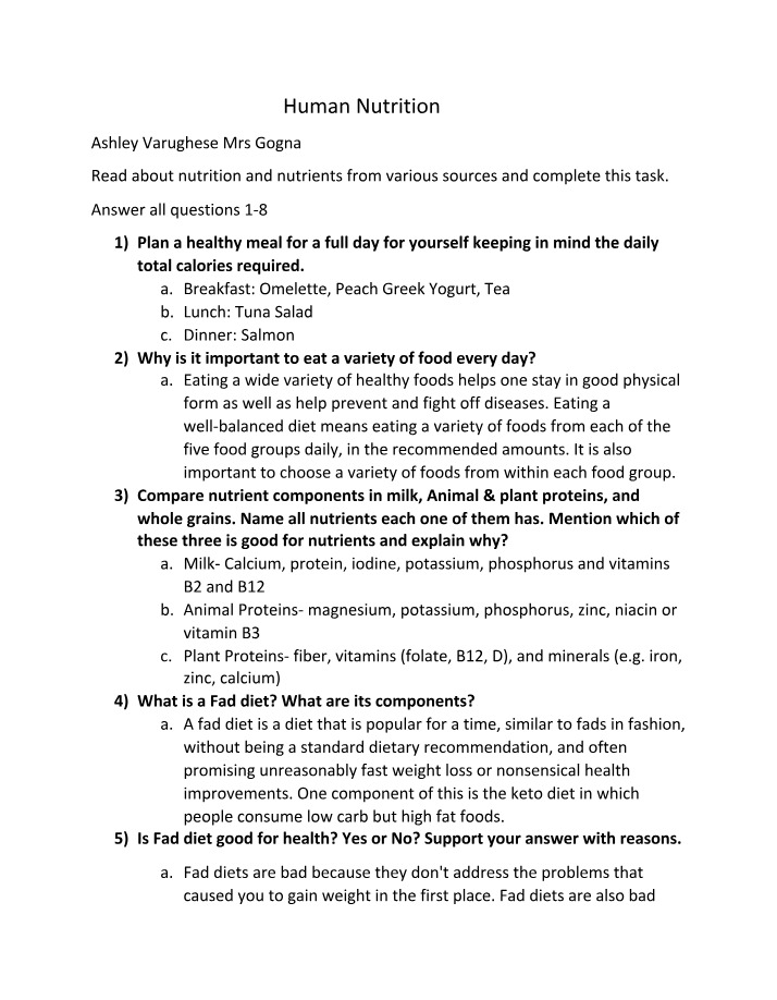 Questions and Answers on Human Nutrition
