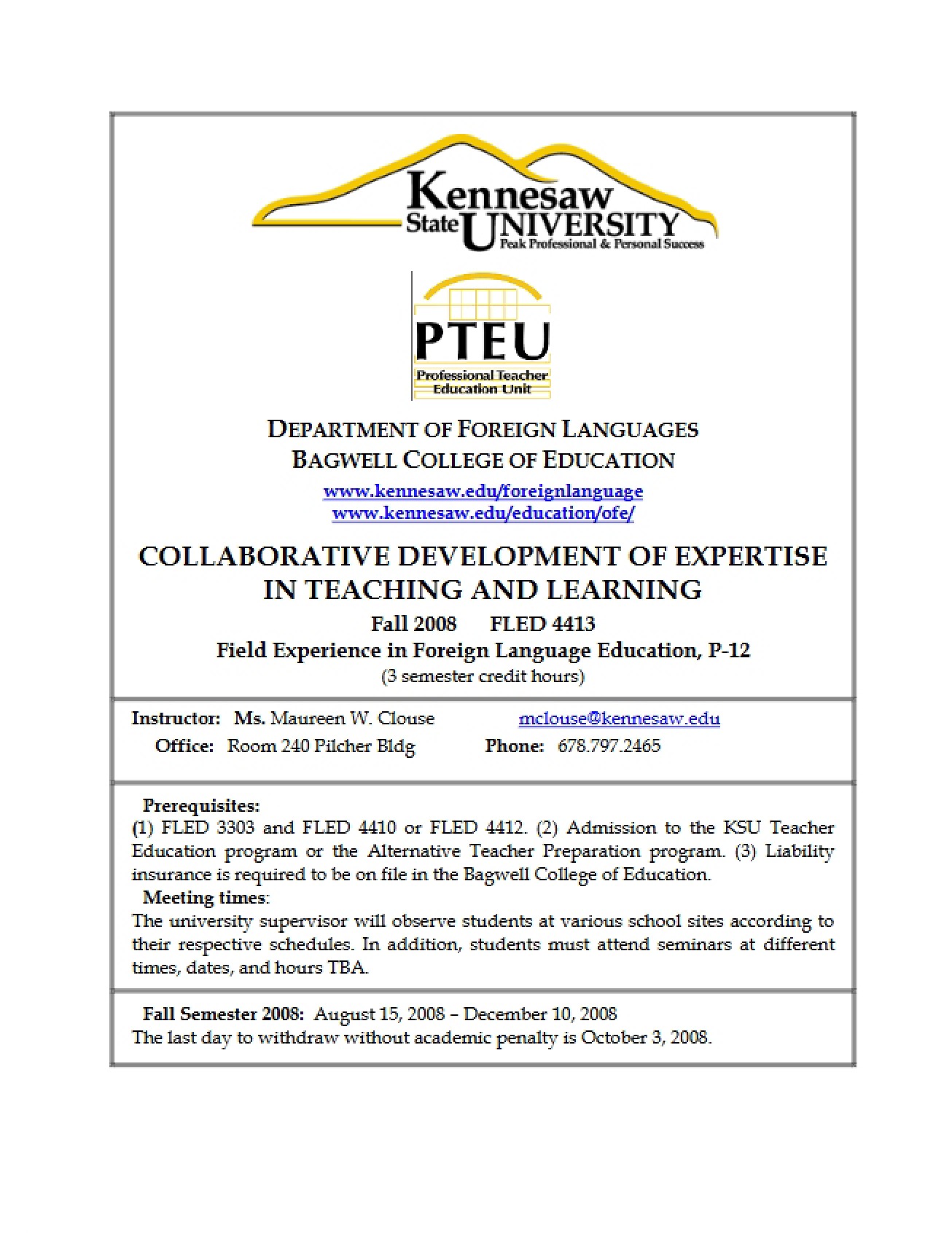 Syllabus for FLED P-12 Field Experience (Set 7)