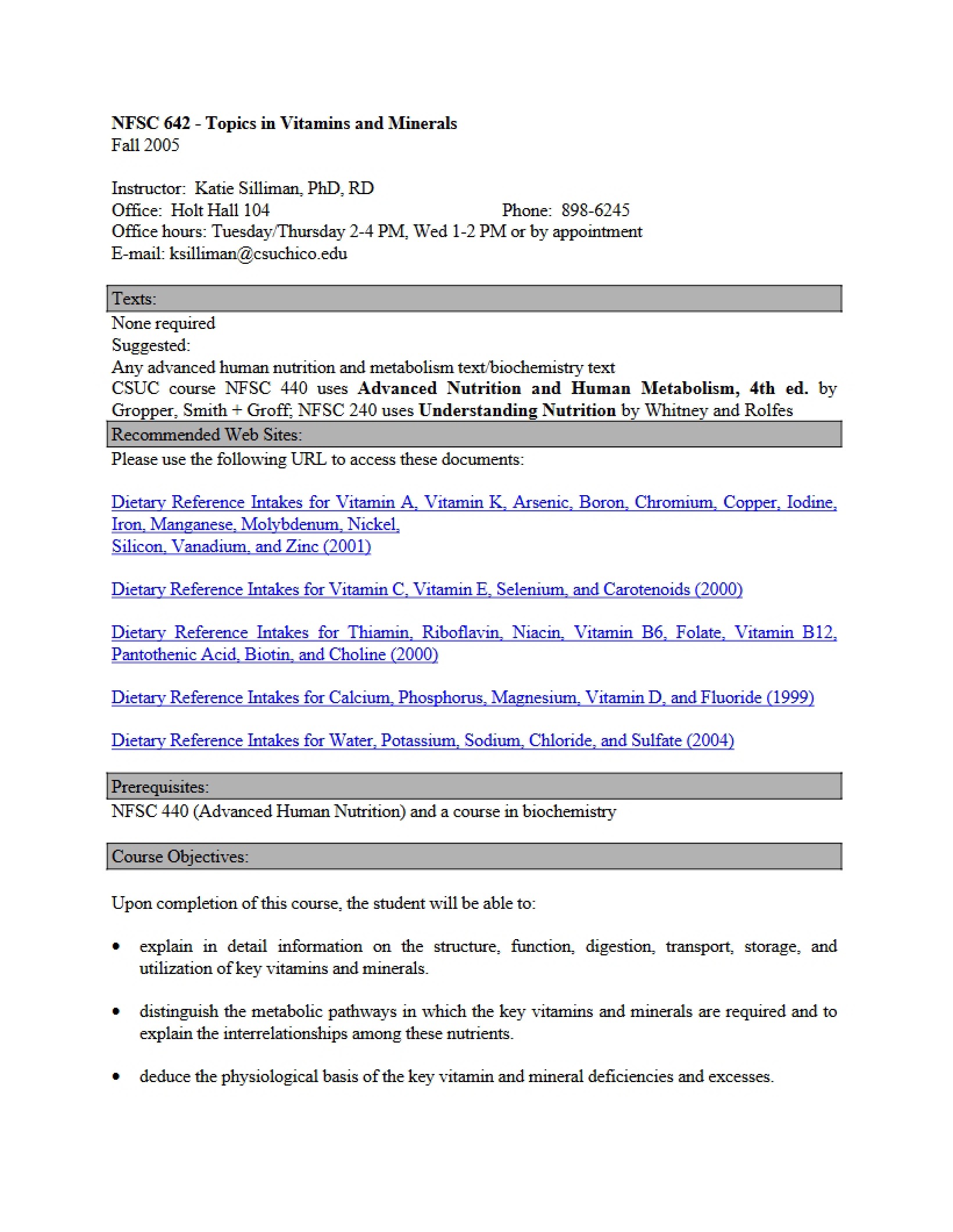 Vitamins and Minerals Topics Syllabus