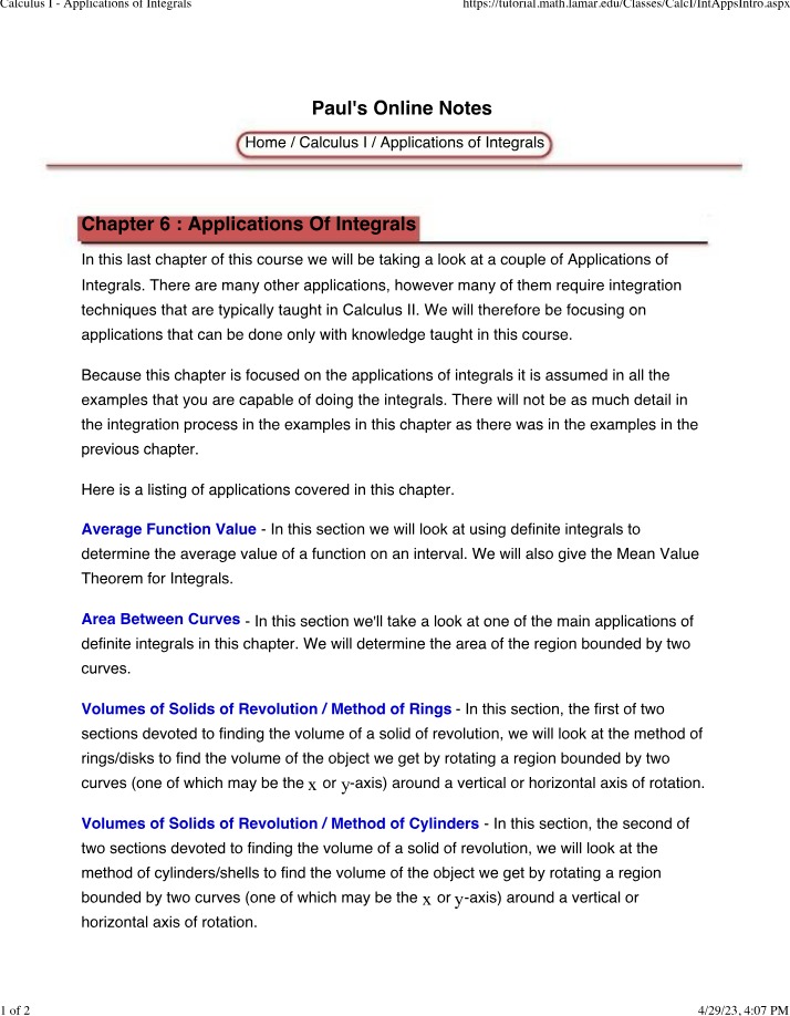 Applications of Integrals - Calculus I