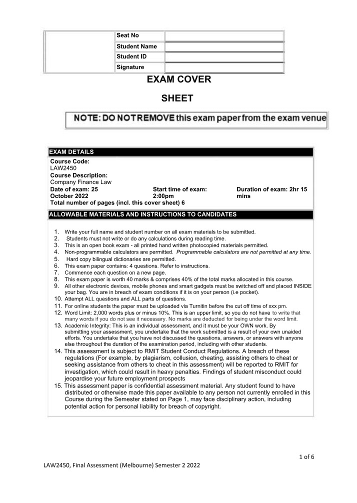 LAW2450 Exam Cover Sheet