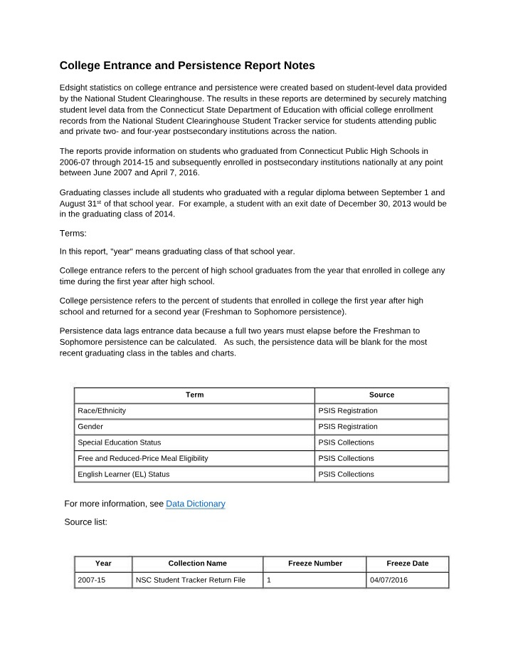 Notes on College Entrance and Persistence Report