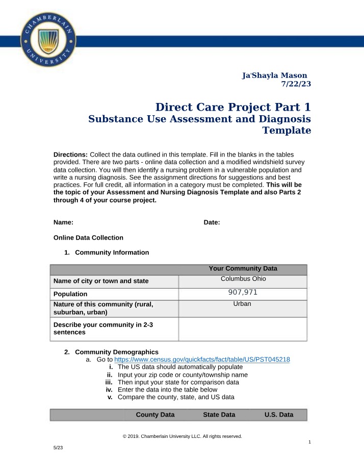 Template for Substance Use Diagnosis and Assessment
