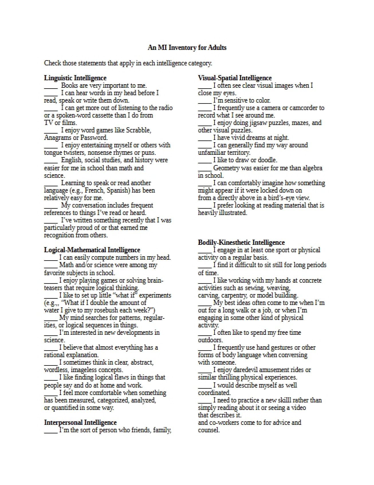 MI Inventory for Adult Learners
