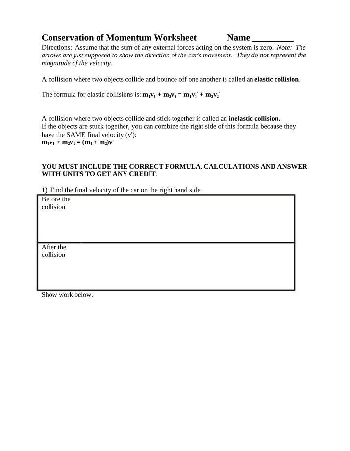 Elastic and Inelastic Conservation of Momentum Worksheet
