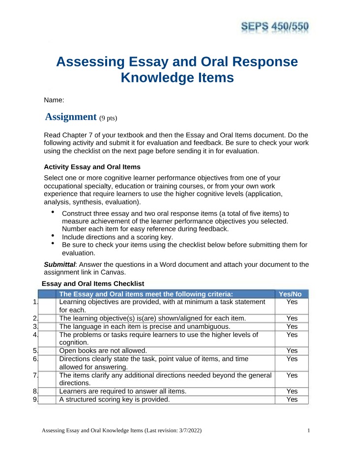 Assessing Knowledge - Essay and Oral Items
