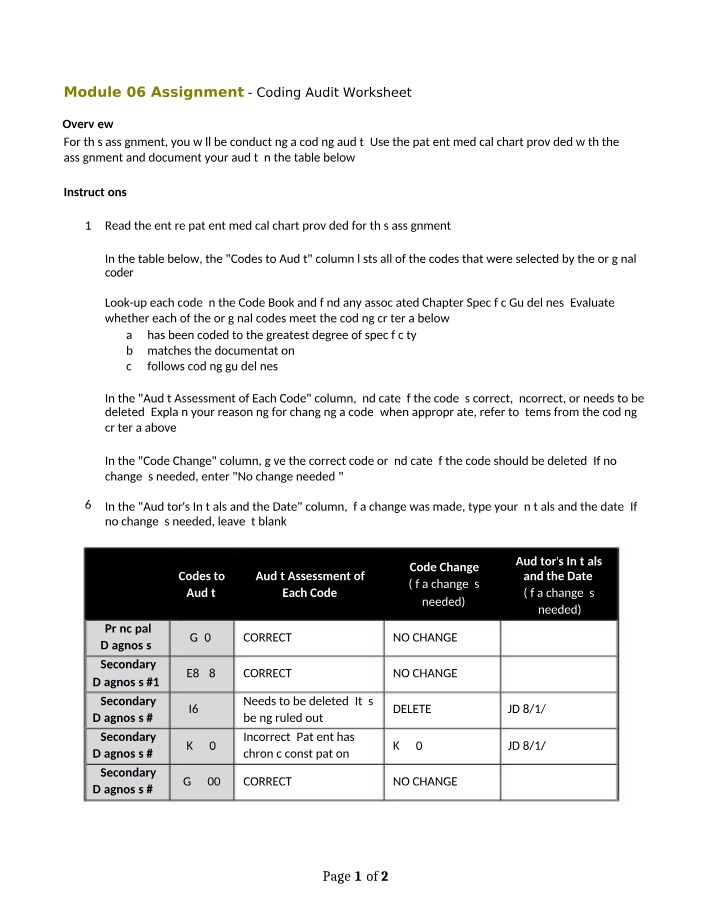 Worksheet Assessing Coding Audit Accuracy