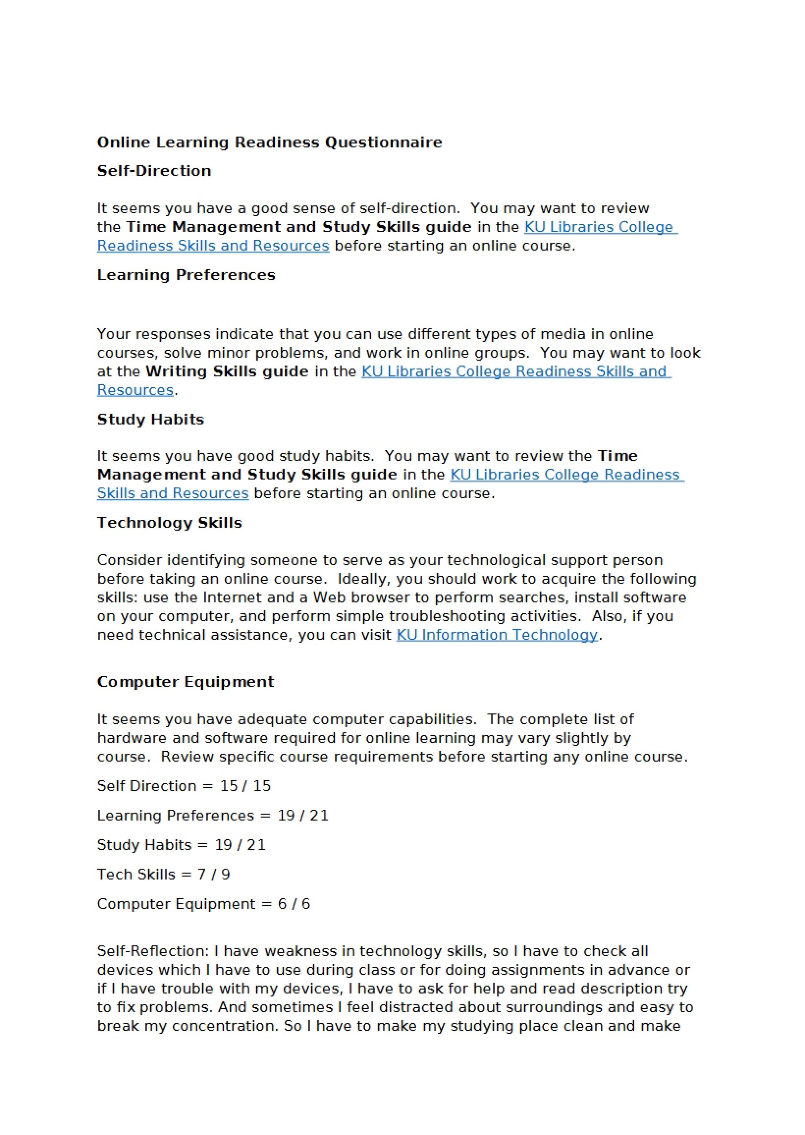 Questionnaire Readiness for Online Learning