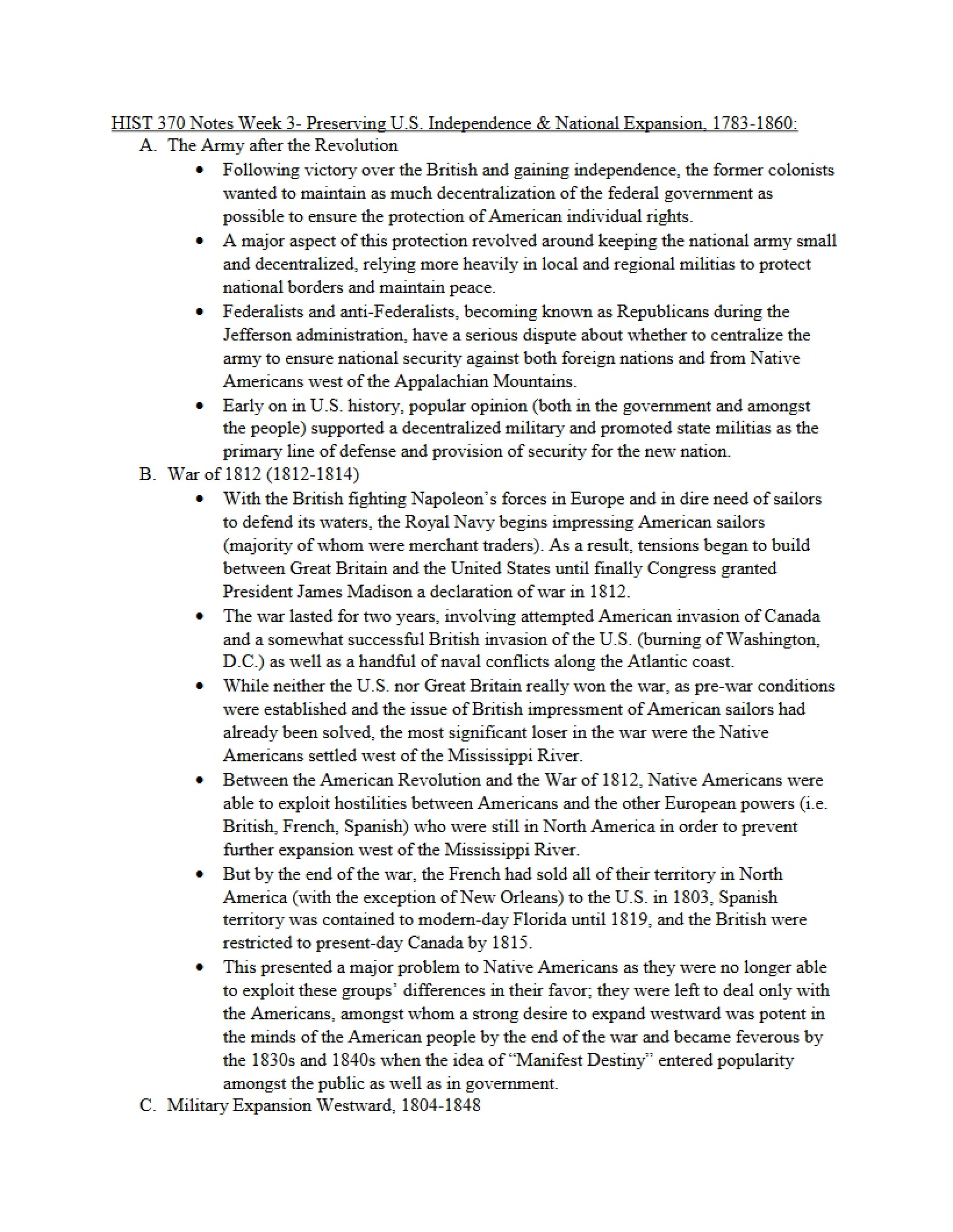 National Expansion and US Independence Preservation 1783-1860 (Week 3)