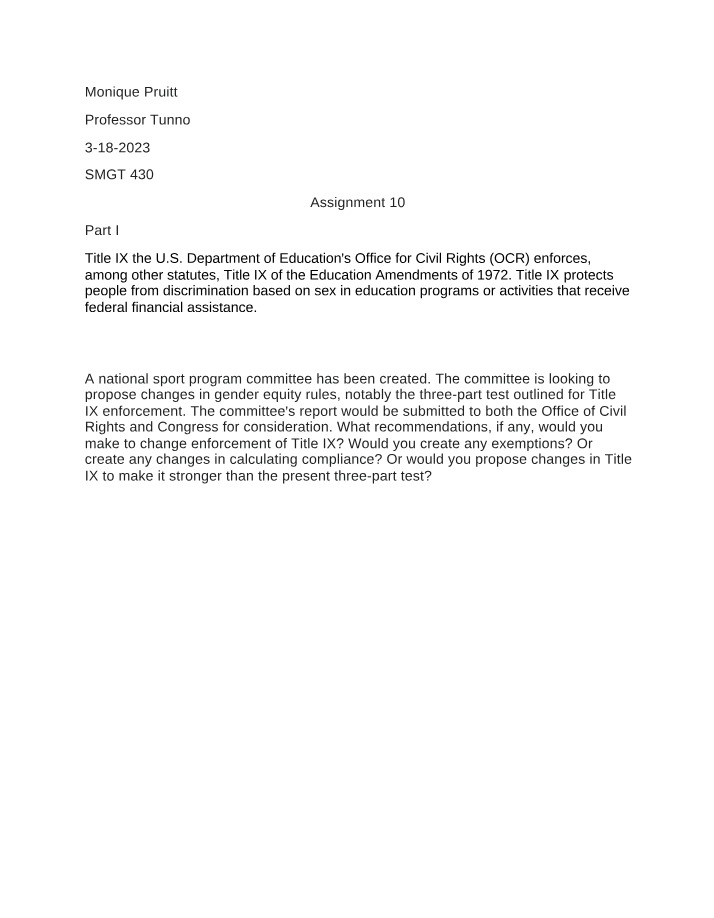 Title IX Recommendations for Gender Equity in Sports - Assignment 10