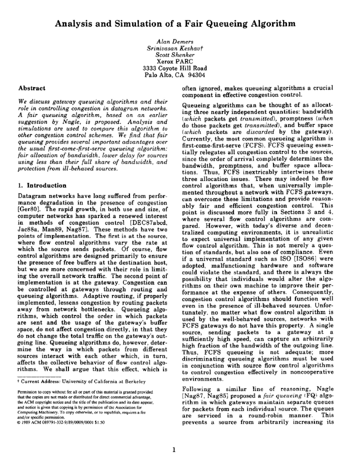 Fair Queueing Algorithm Analysis and Simulation