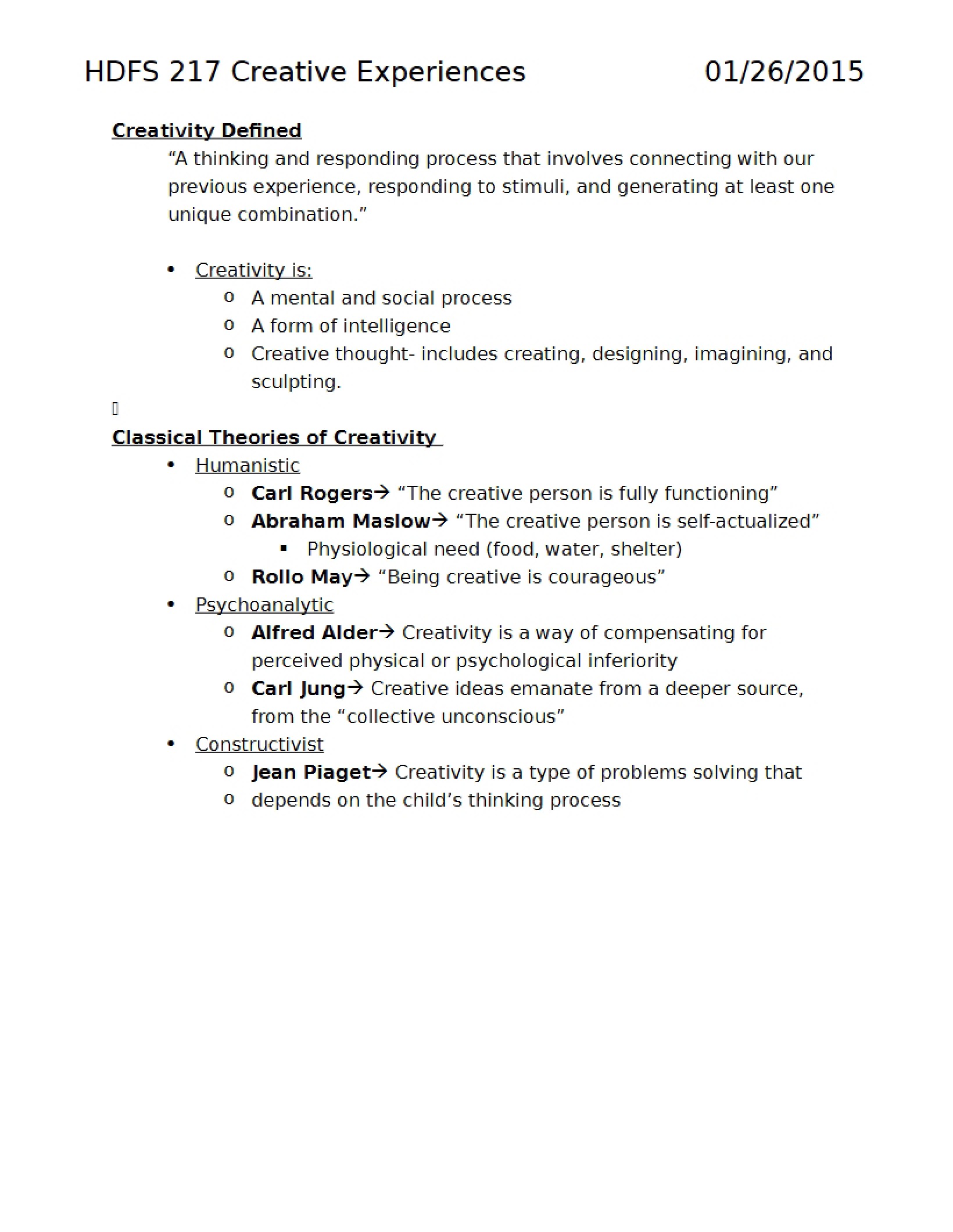 Notes on Creative Experiences
