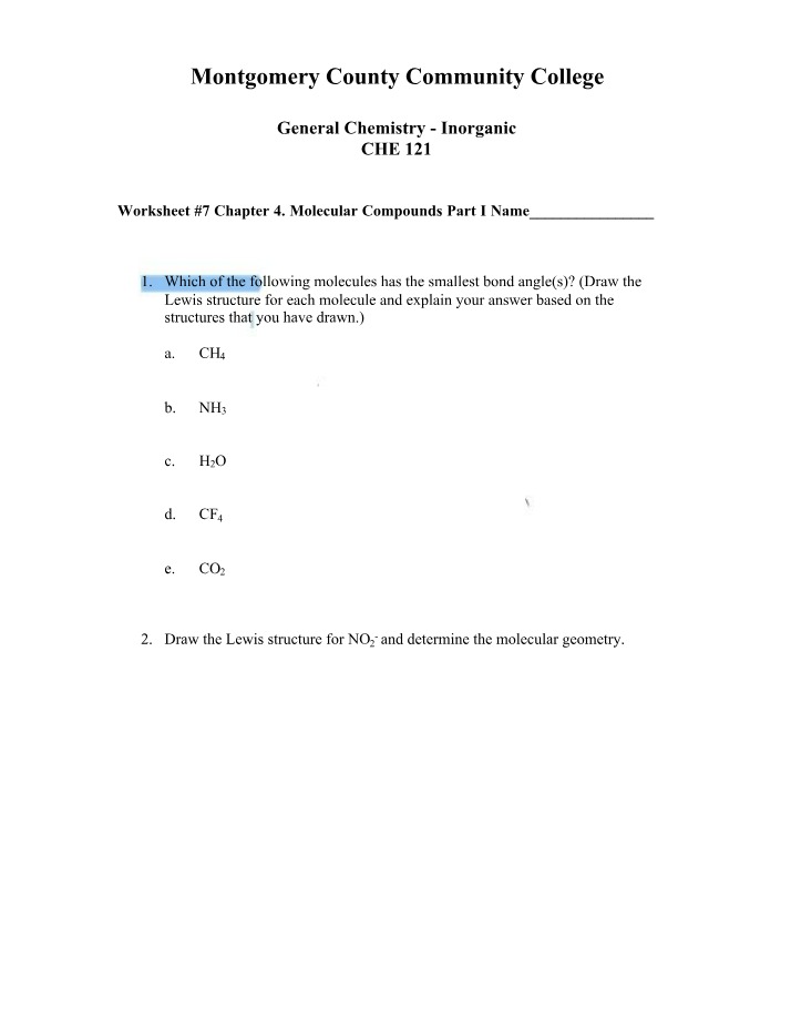 CHE121 Homework - Chapter 4