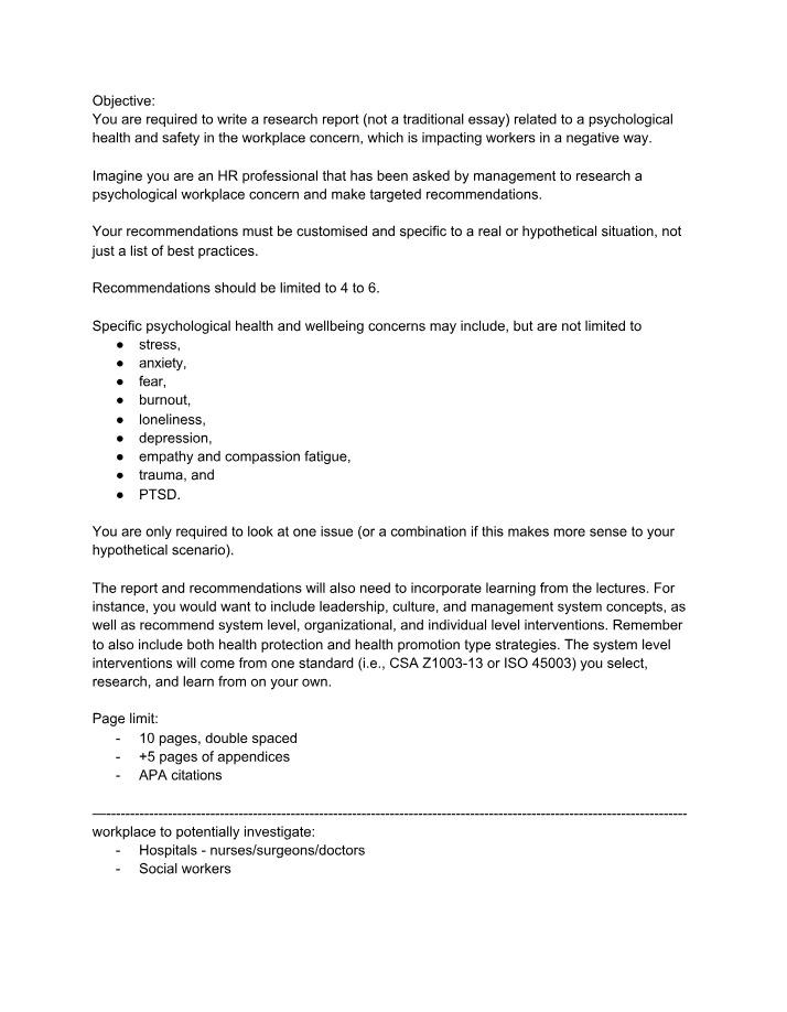 Report on Workplace Psychological Health Concerns