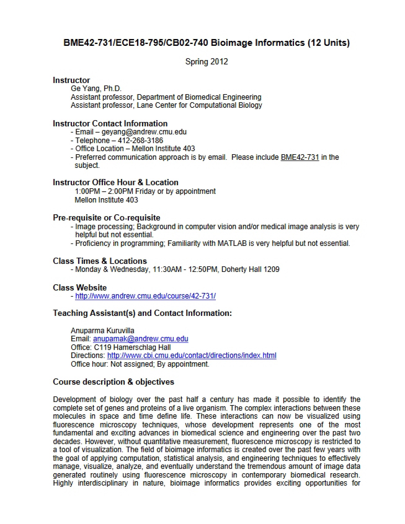 Bioimage Informatics Syllabus