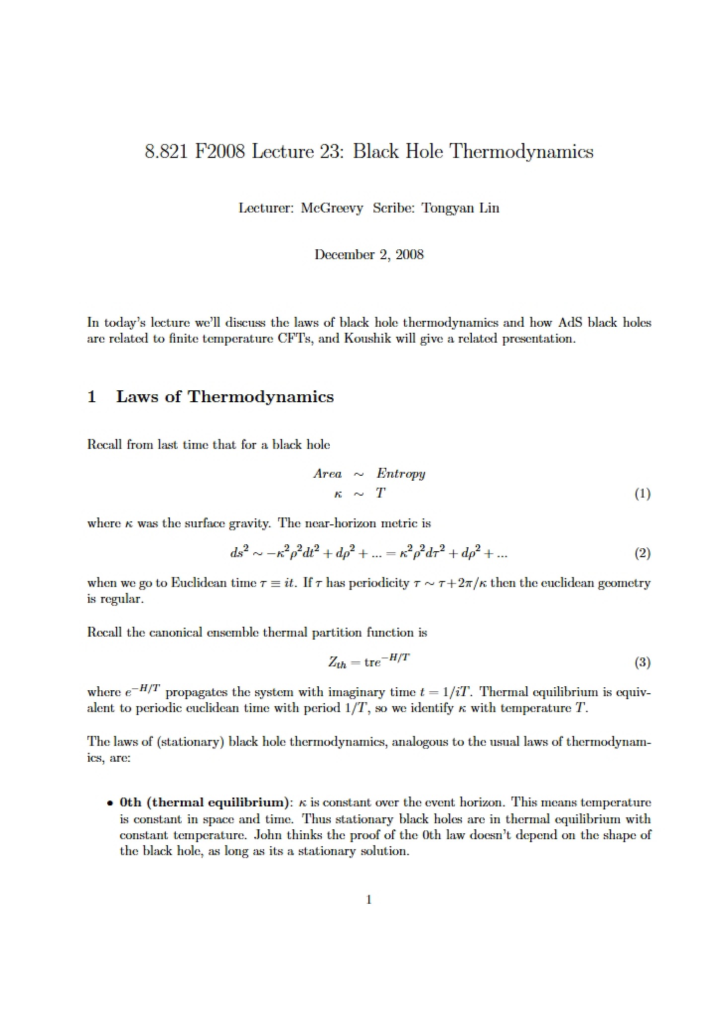 Black Hole Thermodynamics (Lecture 23)