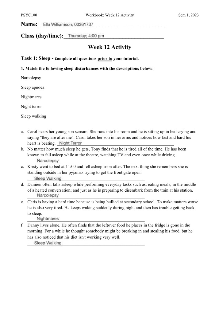 PSYC101 Week 12 Workbook Activity