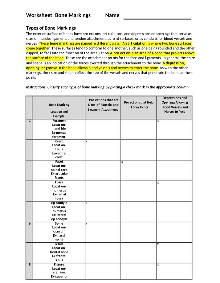 Worksheet on Bone Markings - Locations, Types, and Functions