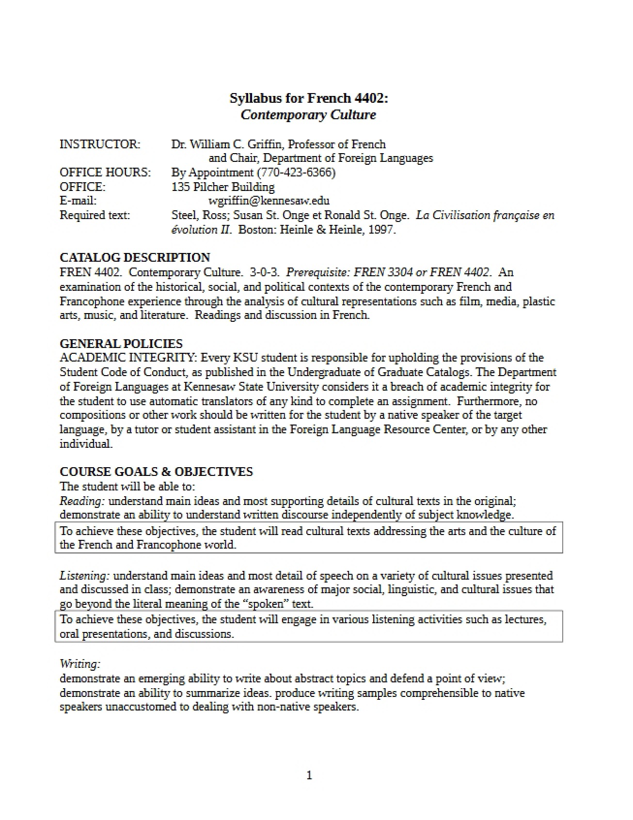Course Outline for Contemporary French Culture - 4 Pages