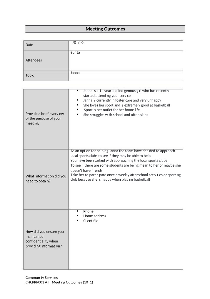 Meeting Outcomes for CHCPRP001 AT3