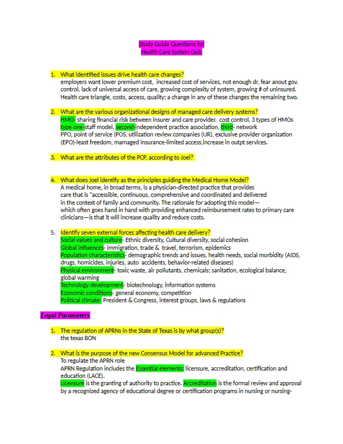 Quiz 1 Study Guide Questions (N5350 Health Care System)