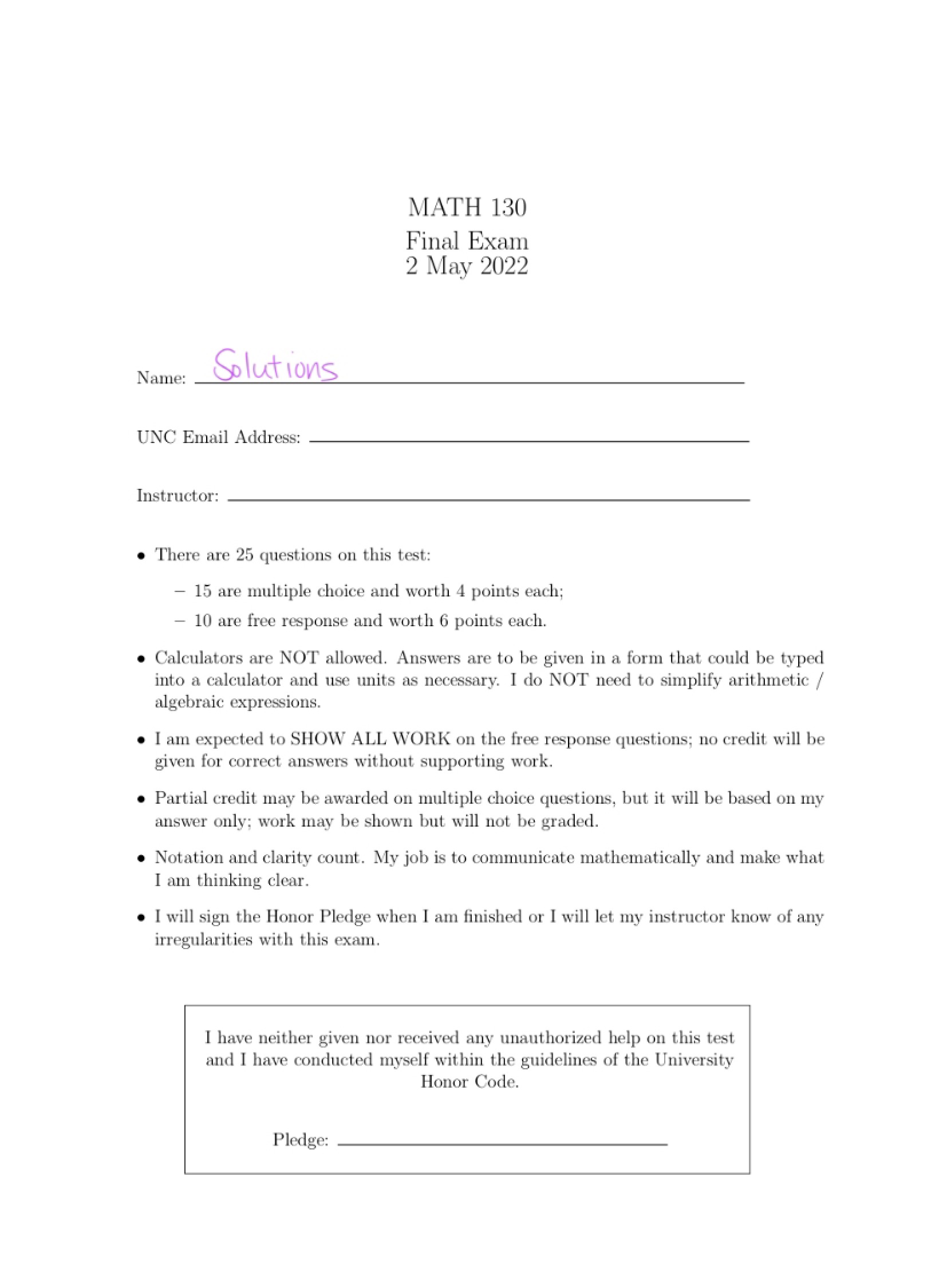 Precalculus Exam