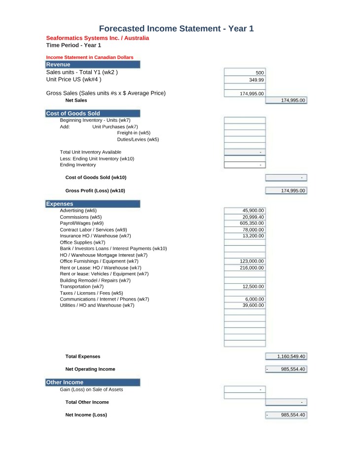 Year 1 Forecasted Income Statement