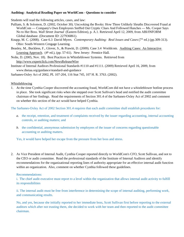 WorldCom Paper Questions
