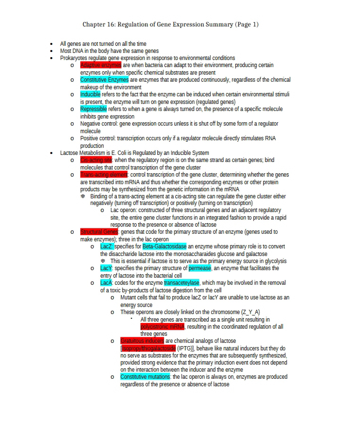 Gene Expression Regulation (Ch 16)