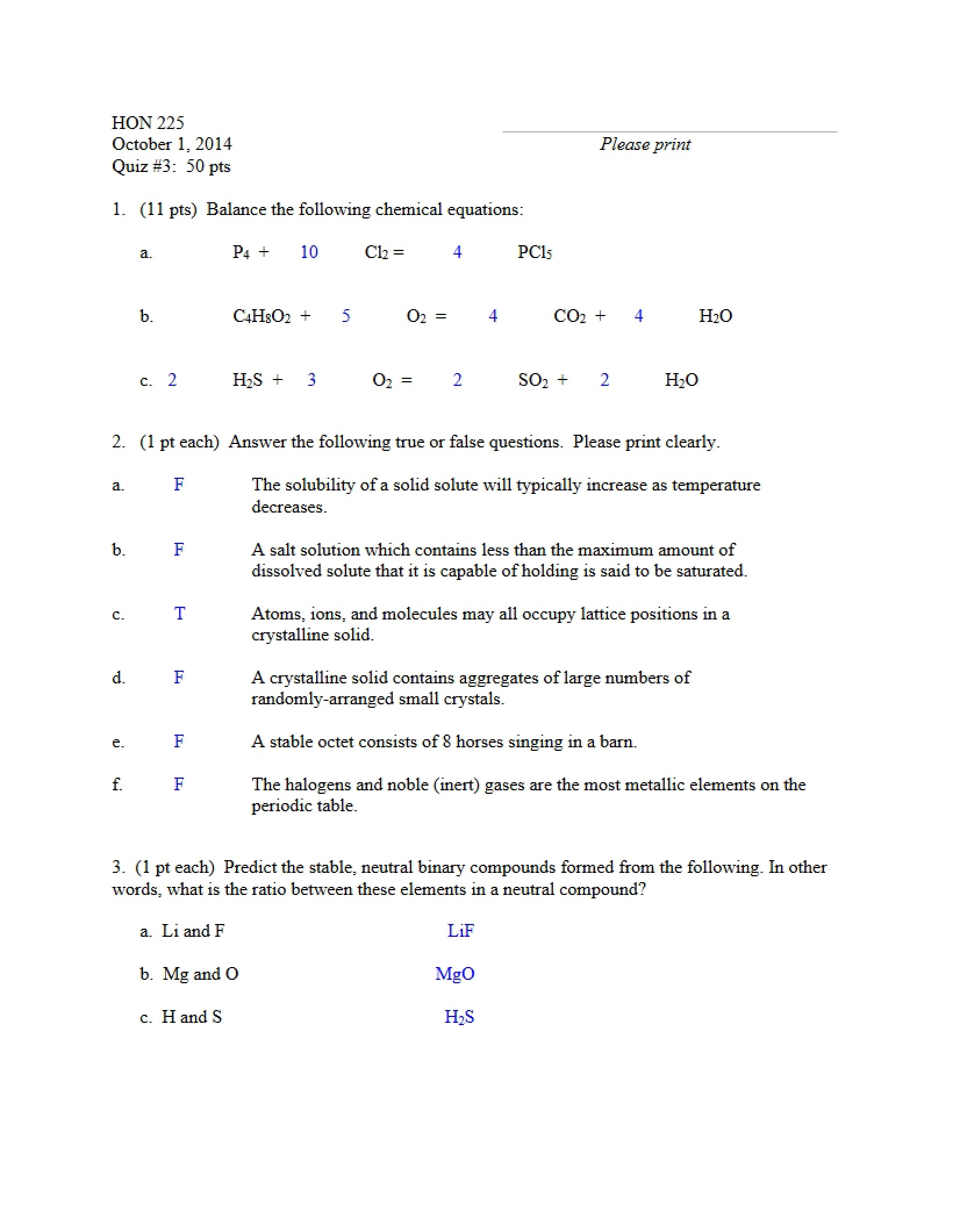 Key for Quiz Three