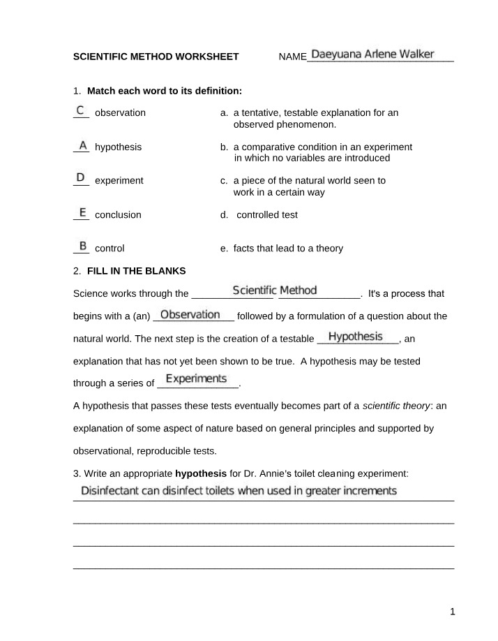 Worksheet for Scientific Method