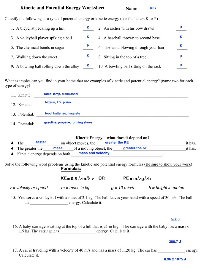 Worksheet - Kinetic and Potential Energy
