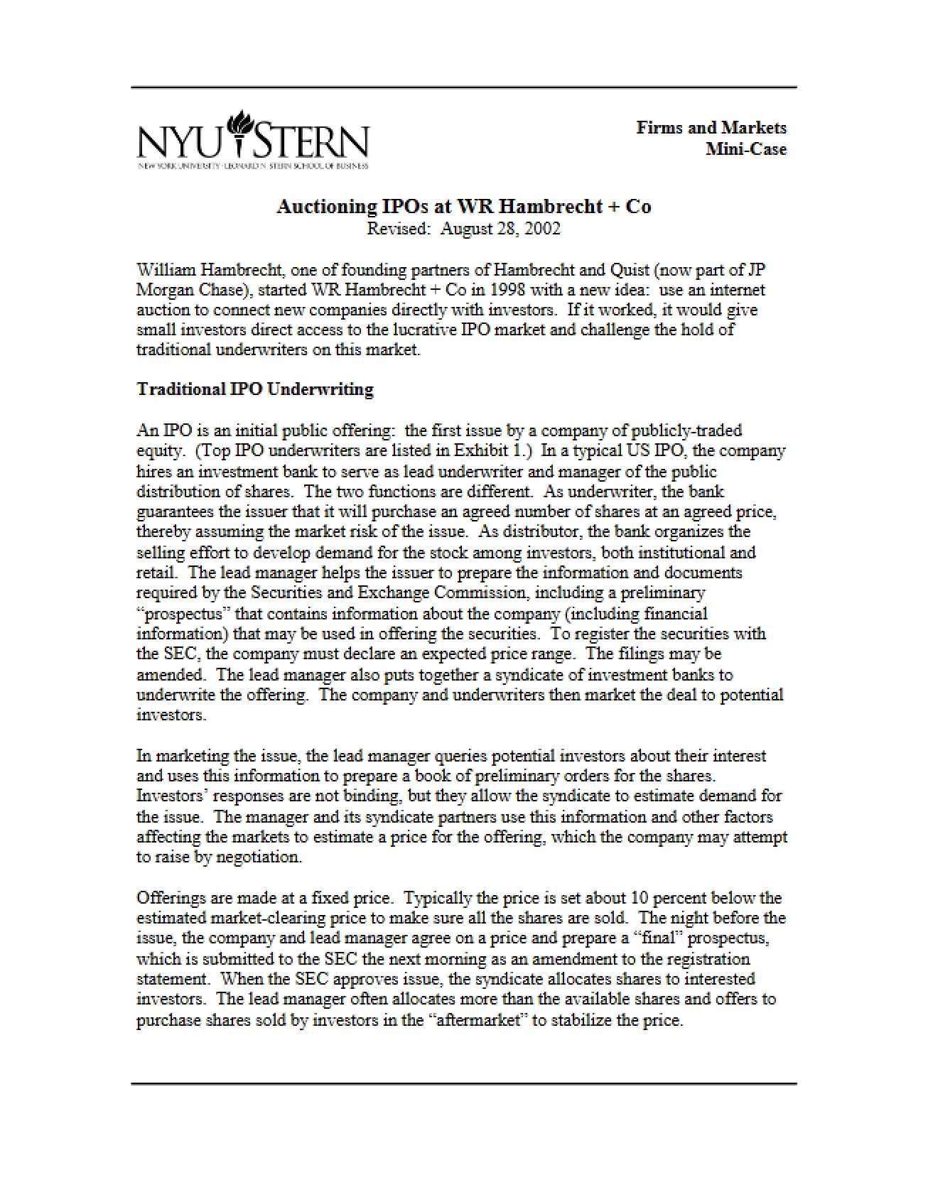 WR Hambrecht and Co IPO Auctions