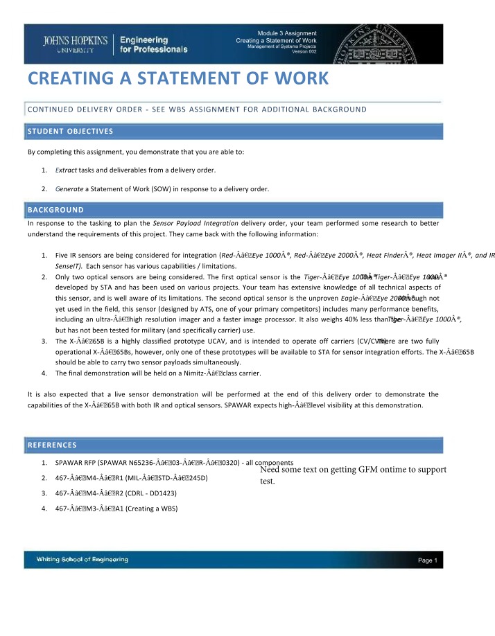Statement of Work for Sensor Payload Integration