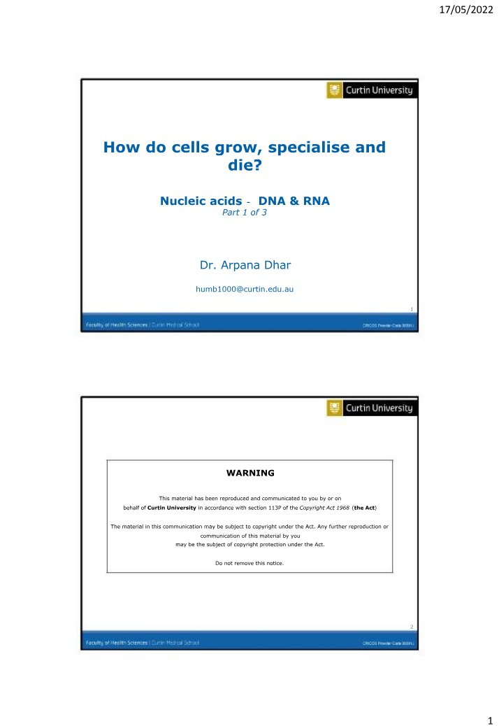 Lecture Notes - Nucleic Acids, DNA, and RNA