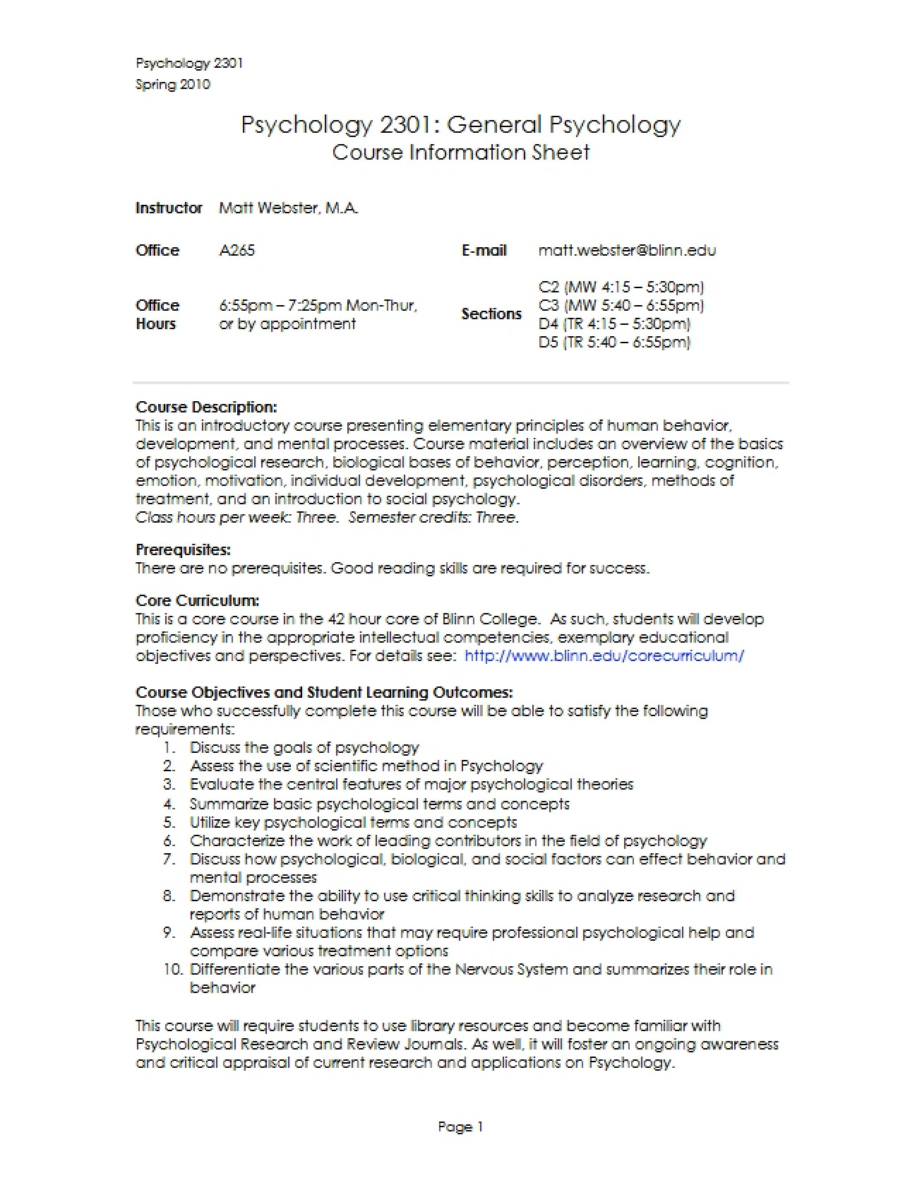General Psychology Core Curriculum