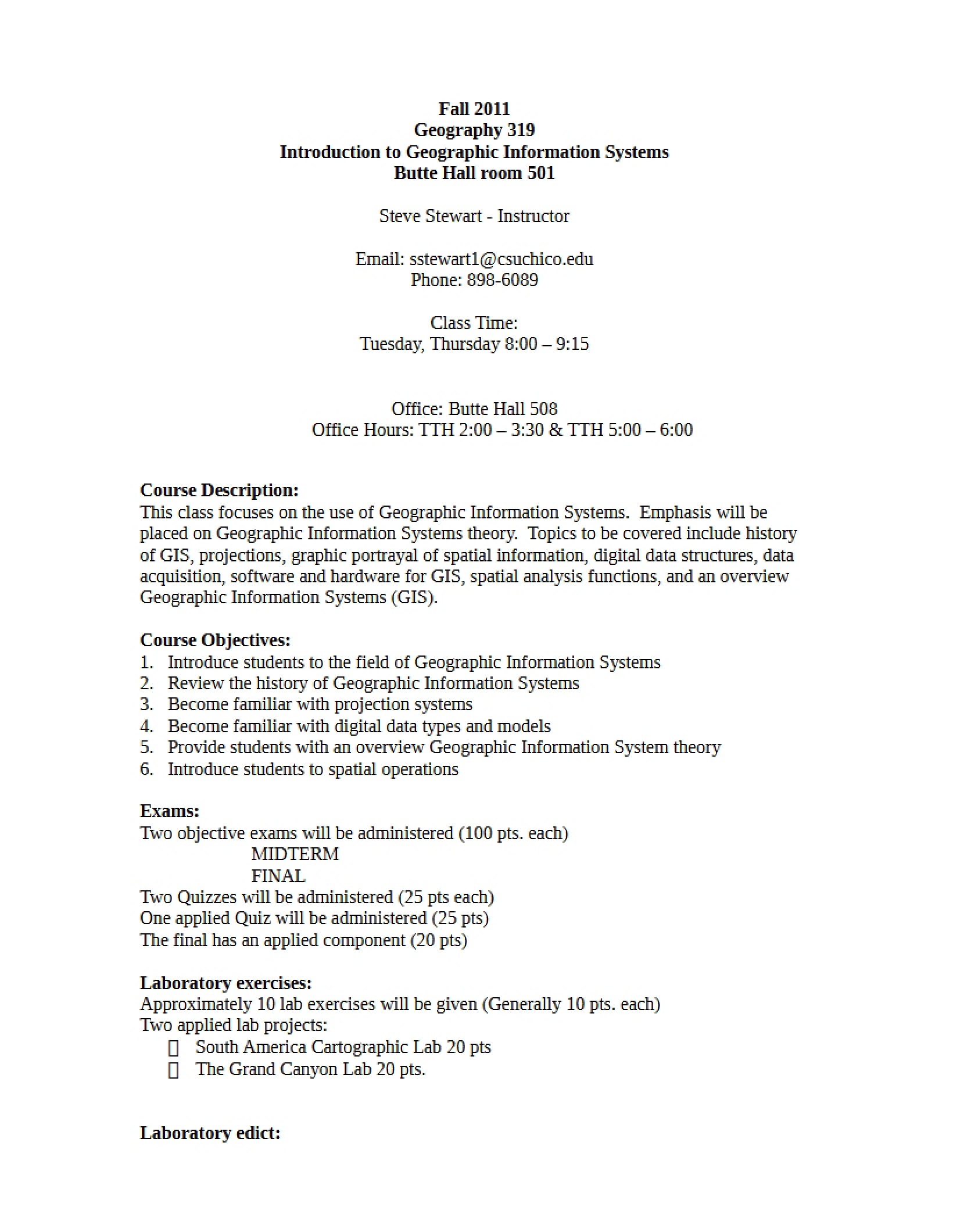 Syllabus Intro to Geog Info Systems