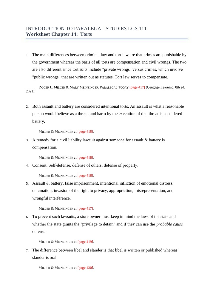 Chapter 14 Worksheet on Torts