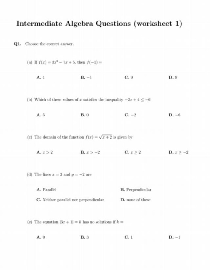 Intermediate Algebra Worksheet 1 Questions