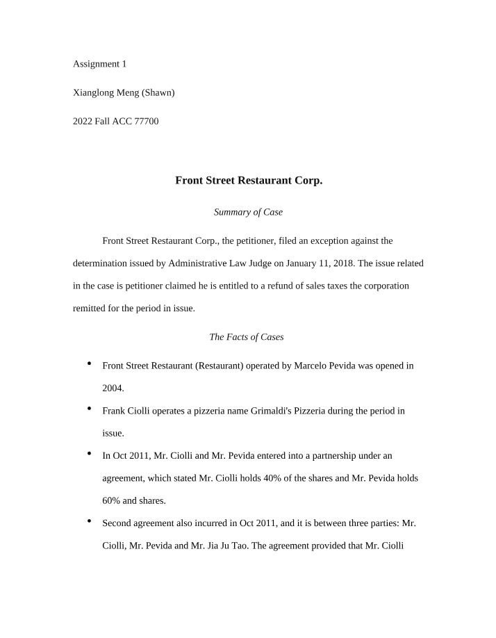 Front Street Restaurant Corp Case Study