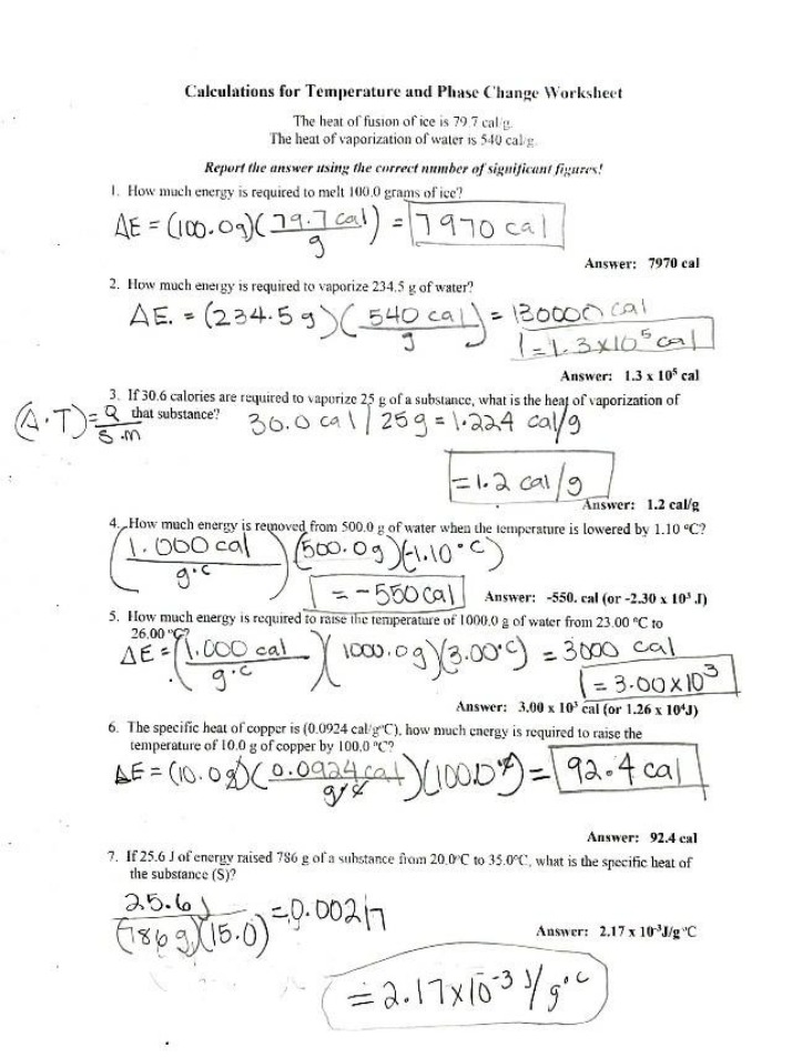 Worksheet on Temperature and Phase Change Calculations