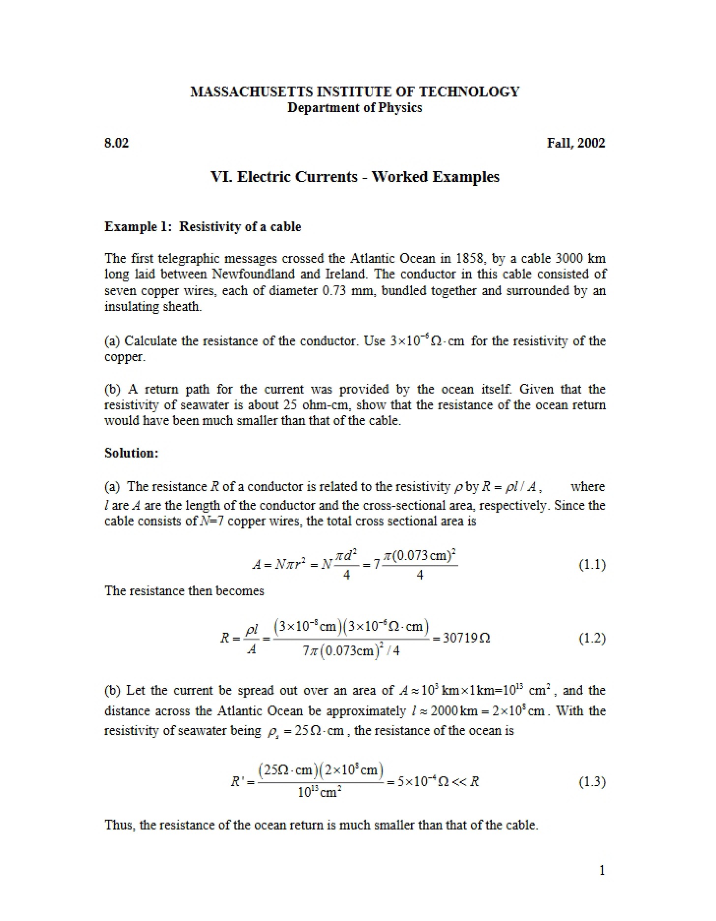Worked Examples Electric Currents
